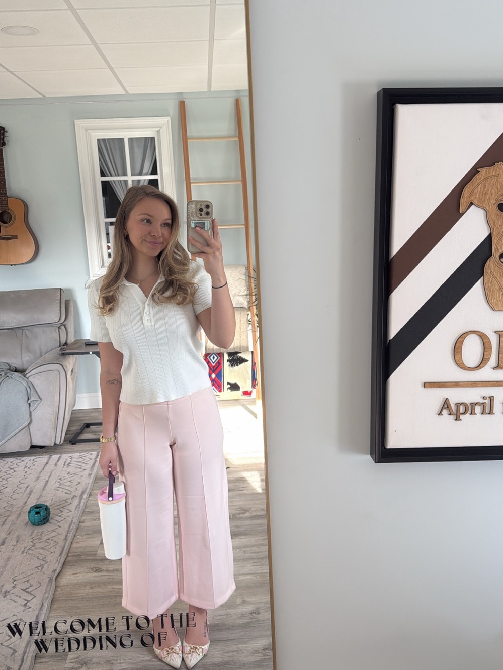 Adrianna Papell White Knit Polo Top with Pink Wide-Leg Cropped Pants